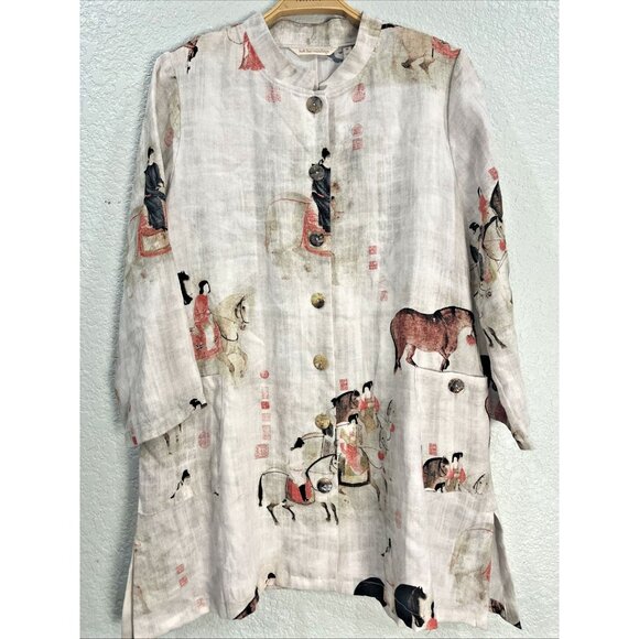 Soft Surroundings Tunic Top Sz M Song Dynasty Print Mandarin Collar Blouse Horse - Picture 1 of 7